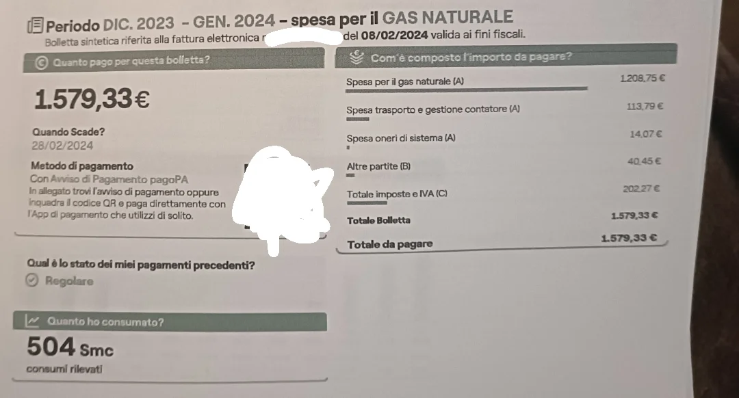 Bolletta del gas con importo di 1.579,33 euro e consumo di 504 Smc