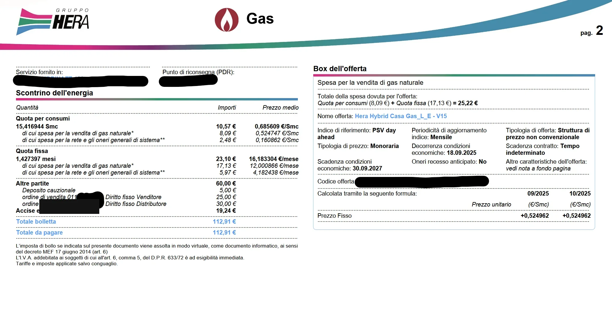 Dettaglio di una bolletta del gas con la sezione "Scontrino dell'energia" che scompone quota per consumi e quota fissa