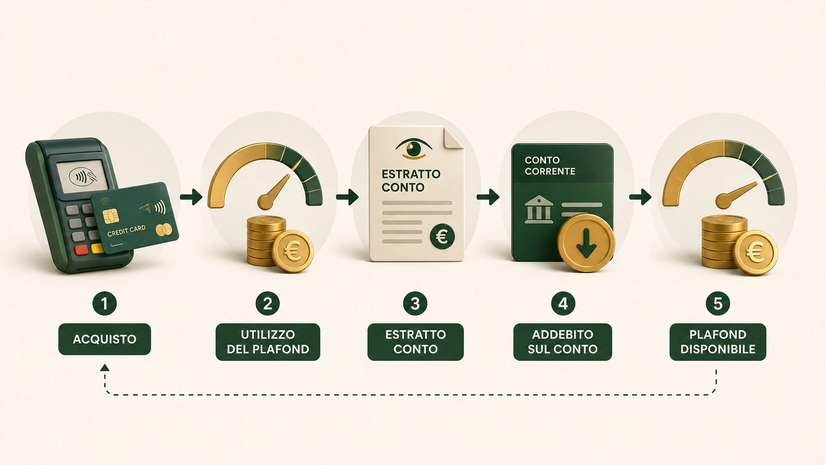 Come funziona una carta di credito: acquisto, utilizzo del plafond, estratto conto, addebito e nuova disponibilità
