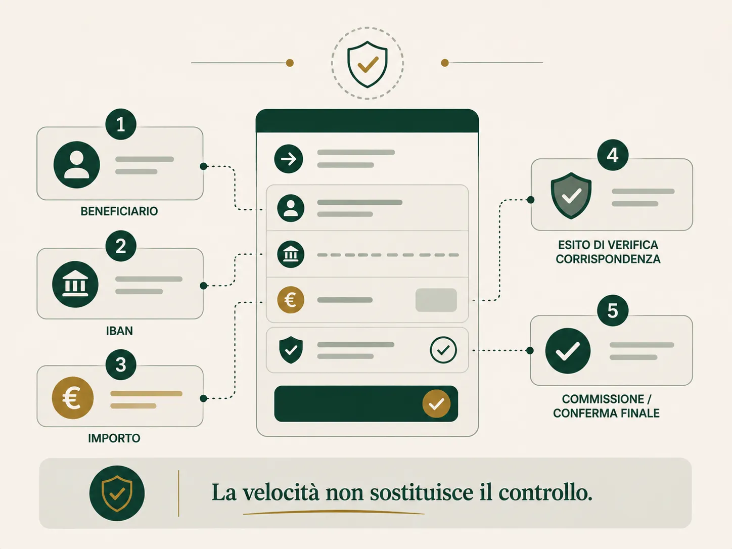 Checklist visuale OAC dei controlli da fare prima di confermare un bonifico istantaneo