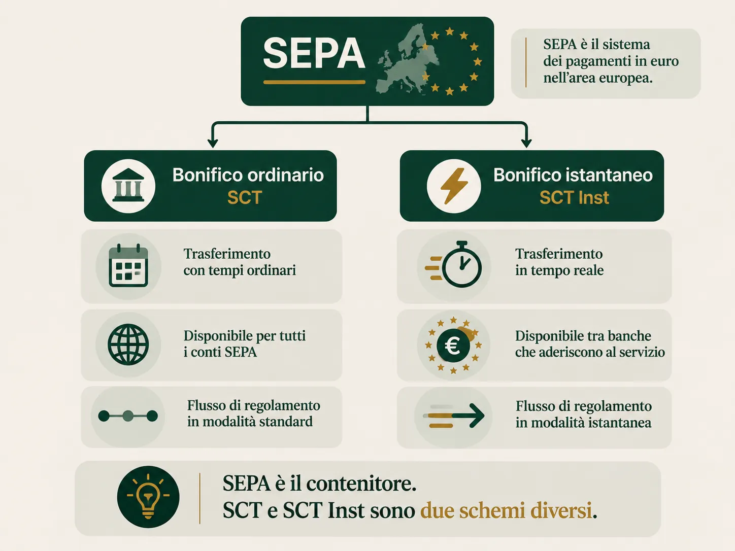 Schema editoriale che distingue SCT e SCT Inst nei bonifici SEPA