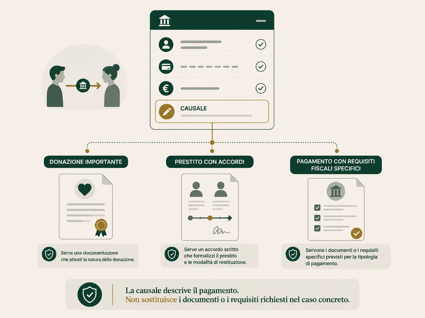 Infografica OAC sui casi in cui la causale del bonifico non sostituisce documenti e requisiti specifici