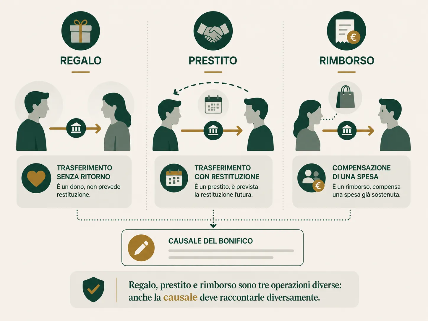 Schema OAC delle differenze tra regalo, prestito e rimborso in un bonifico