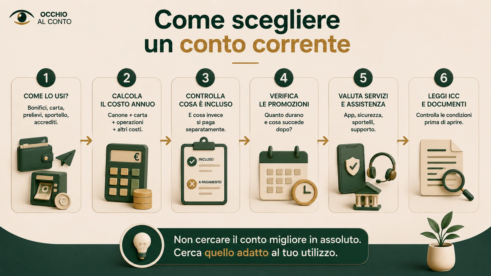 Percorso per scegliere un conto corrente in base a utilizzo, costo annuo, servizi, promozioni e documenti