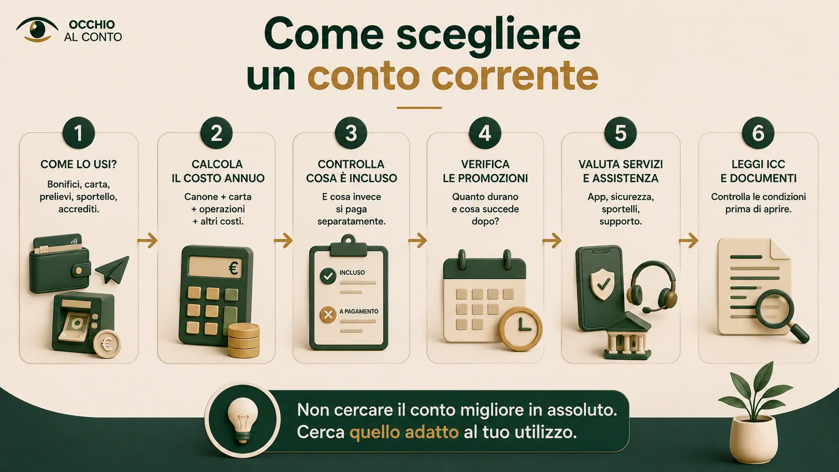 Percorso per scegliere un conto corrente in base a utilizzo, costo annuo, servizi, promozioni e documenti