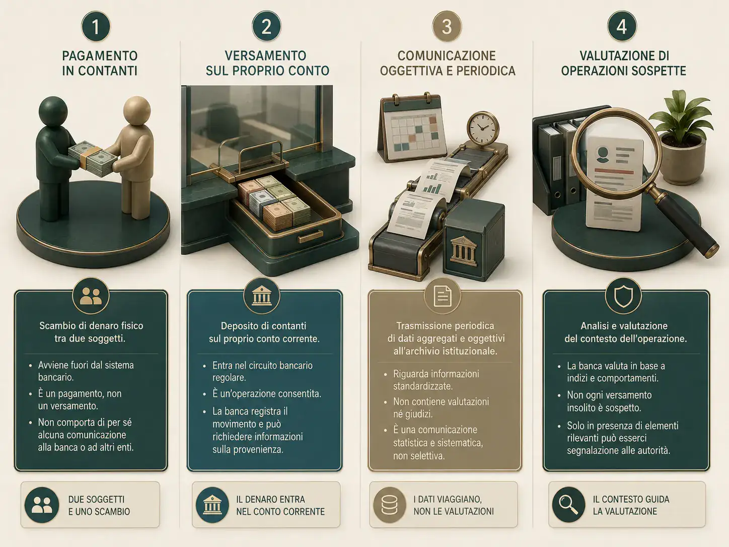 Differenze tra pagamento in contanti, versamento sul proprio conto, comunicazione oggettiva e valutazione di un'operazione sospetta