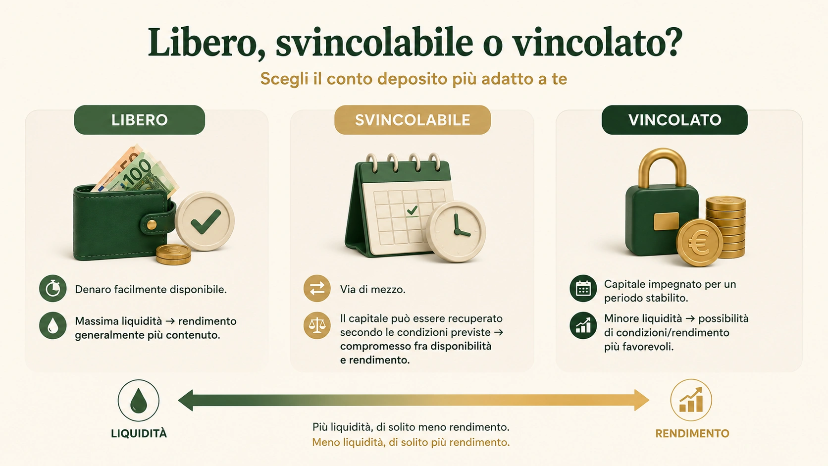 Confronto tra conto deposito libero, svincolabile e vincolato in base a liquidità e rendimento