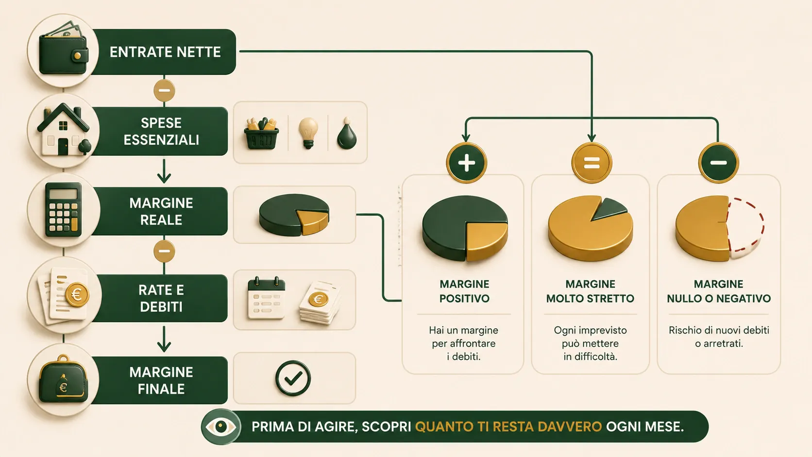 Come calcolare il margine disponibile partendo dalle entrate e sottraendo spese essenziali, rate e debiti