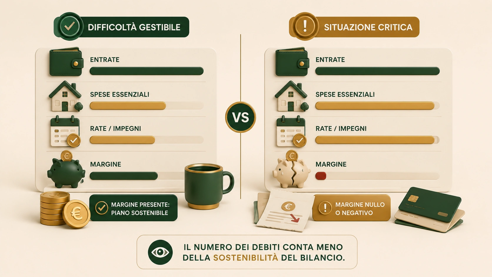 Differenza tra debiti ancora gestibili e una situazione debitoria non più sostenibile in base al margine disponibile