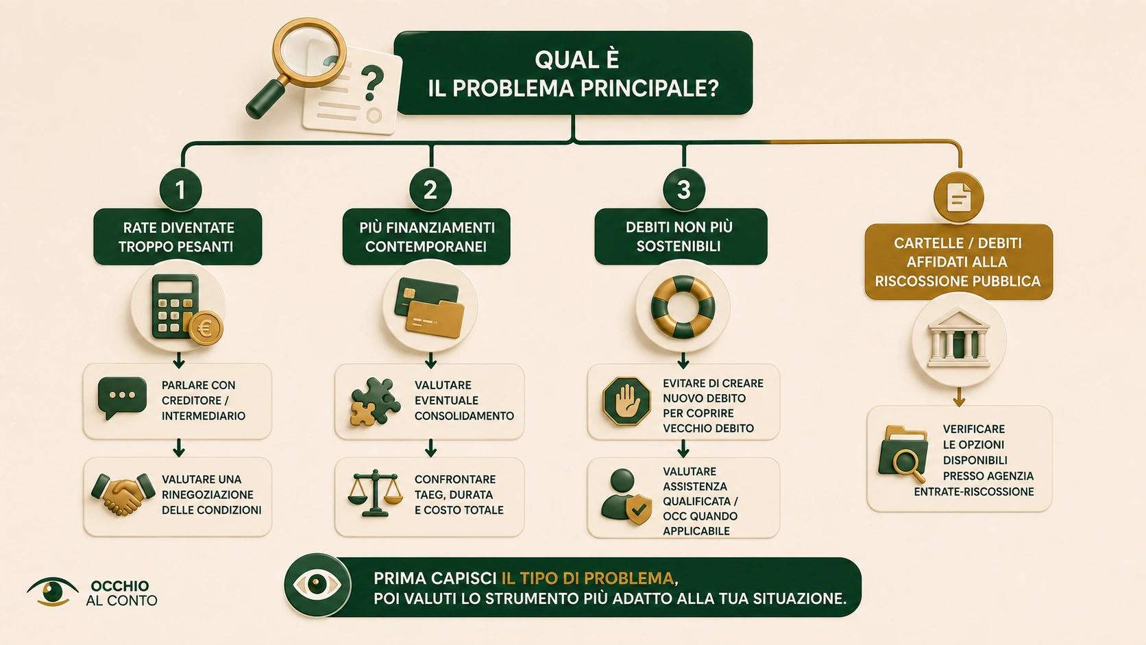 Possibili strade da valutare per affrontare i debiti in base al tipo di problema: rinegoziazione, consolidamento, OCC e Agenzia Entrate-Riscossione