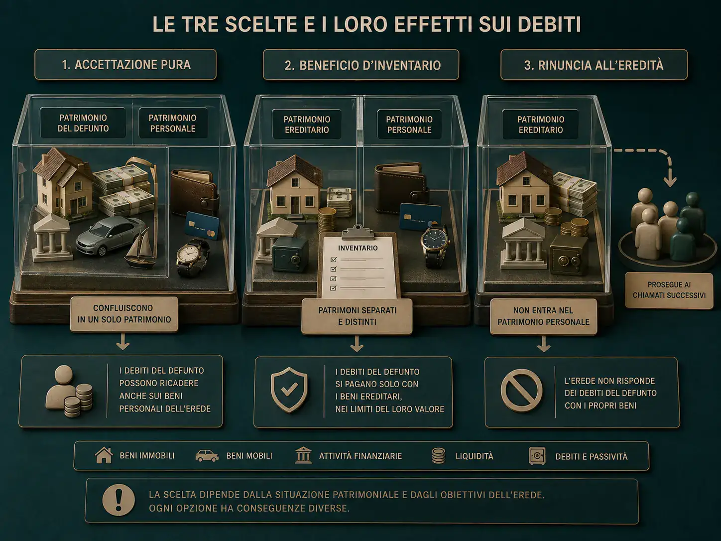 Differenze tra accettazione pura, beneficio d'inventario e rinuncia all'eredità