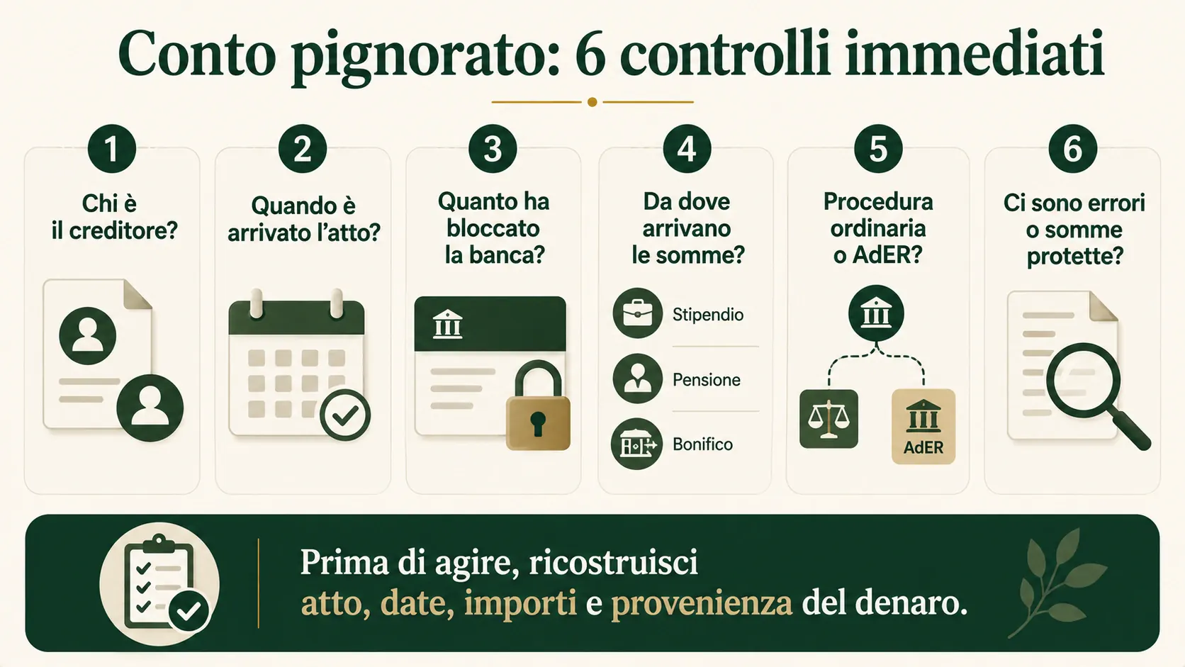 Conto pignorato: sei controlli immediati su creditore, atto, importo bloccato e provenienza delle somme