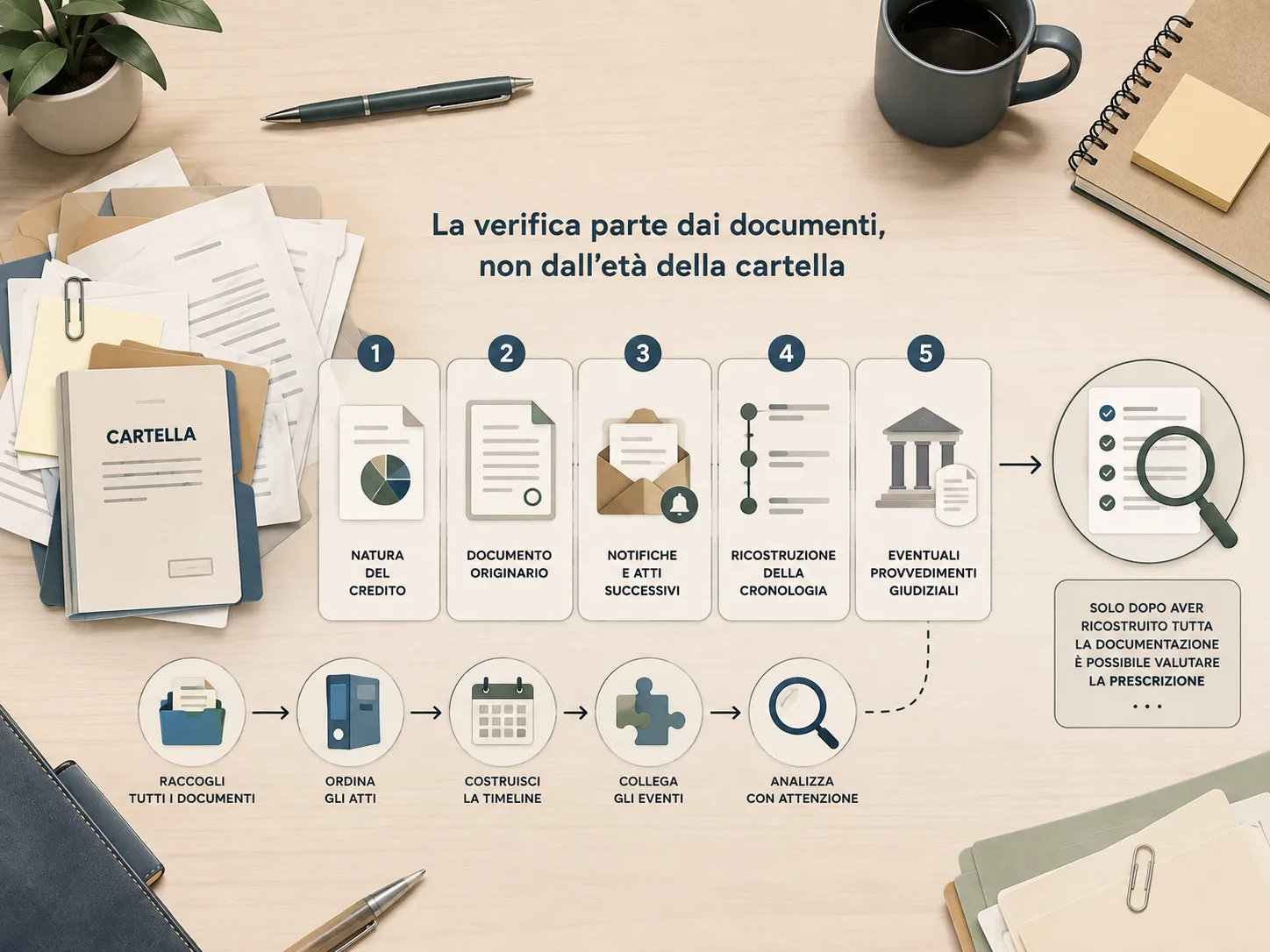 Documenti e notifiche ordinati in una timeline per verificare una possibile prescrizione della cartella