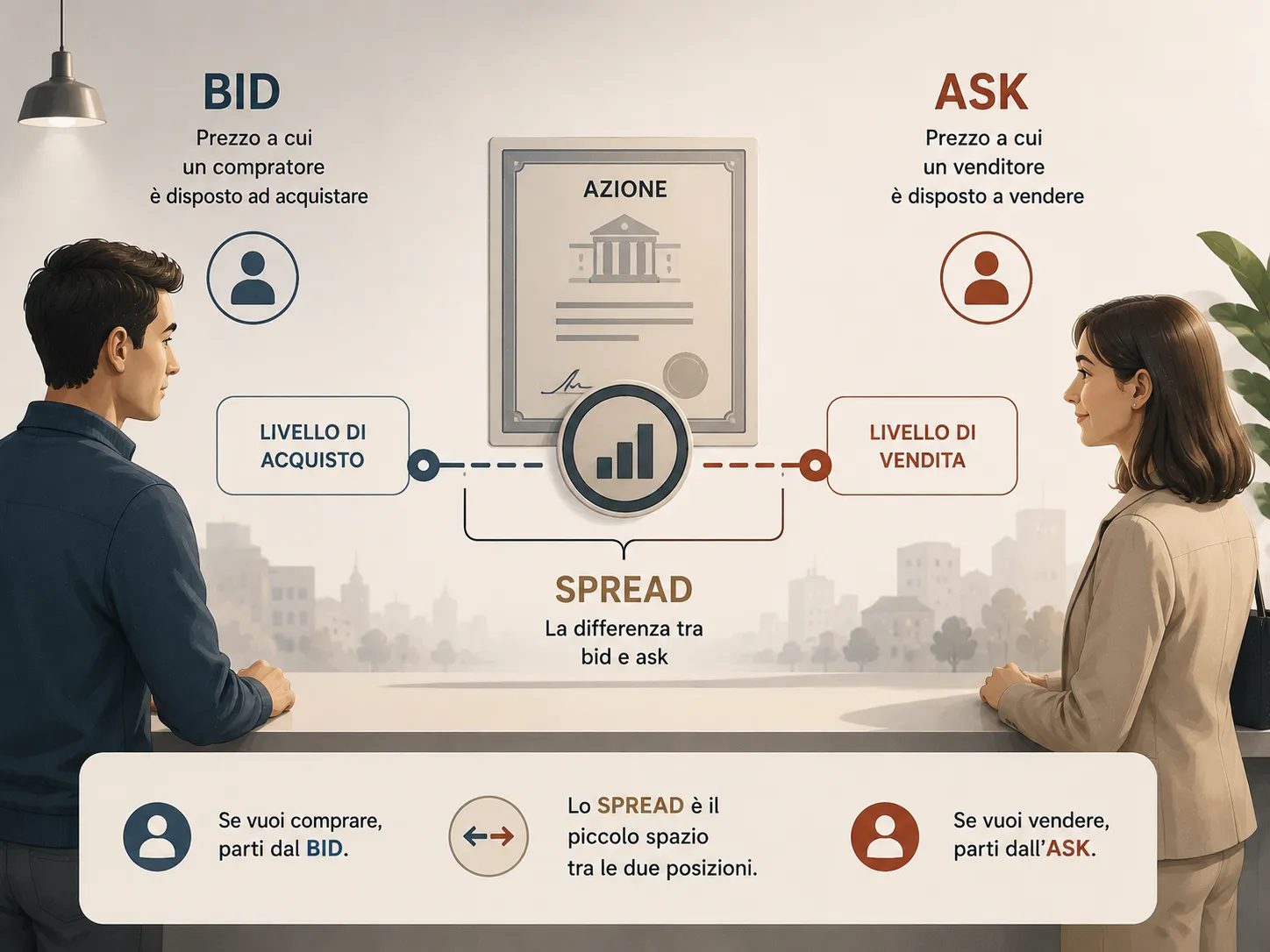 Schema semplificato di bid, ask e differenza tra prezzo di acquisto e vendita