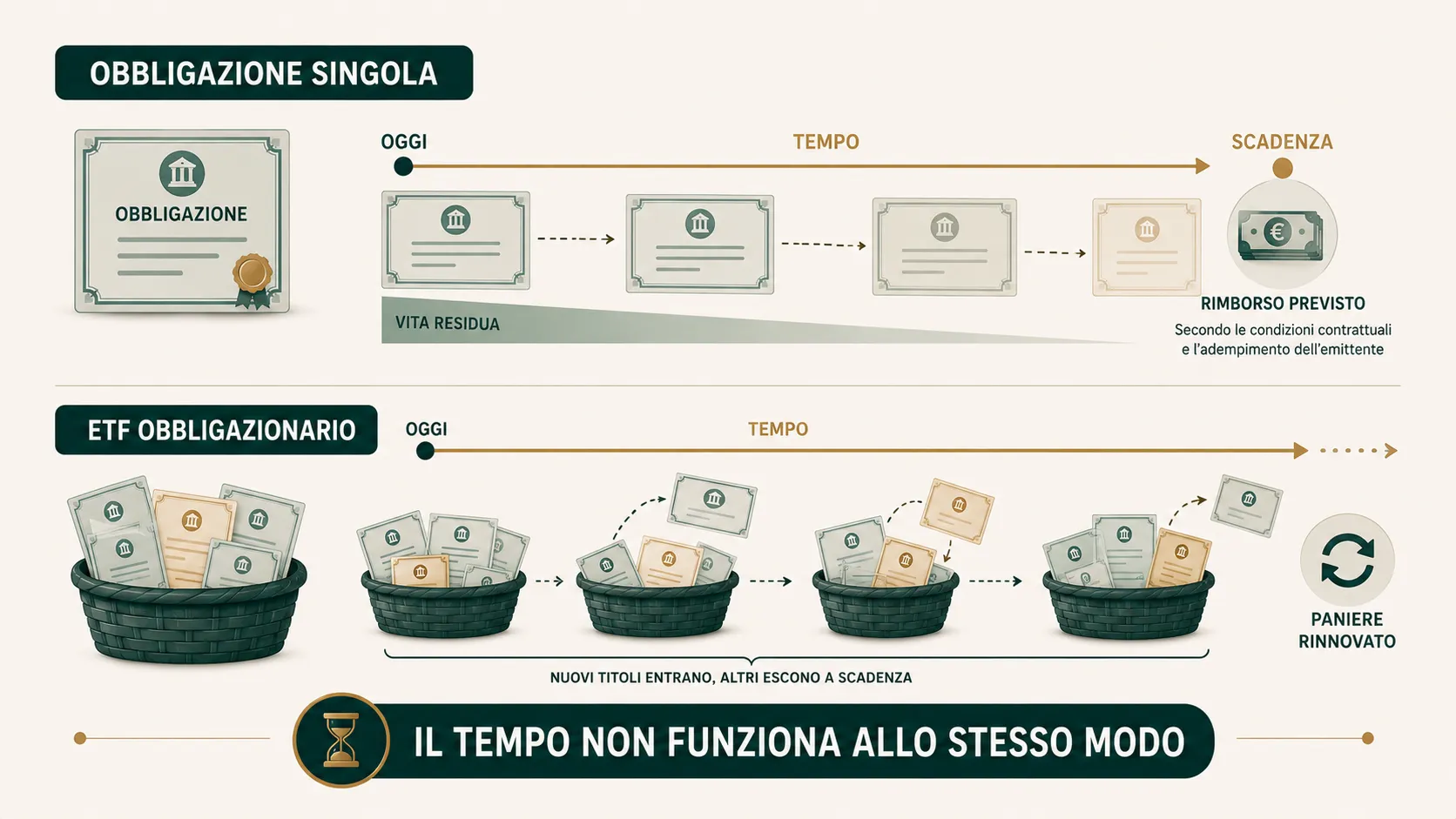 Obbligazione singola e ETF obbligazionario: la prima procede verso una scadenza definita, mentre il paniere dell'ETF viene rinnovato nel tempo