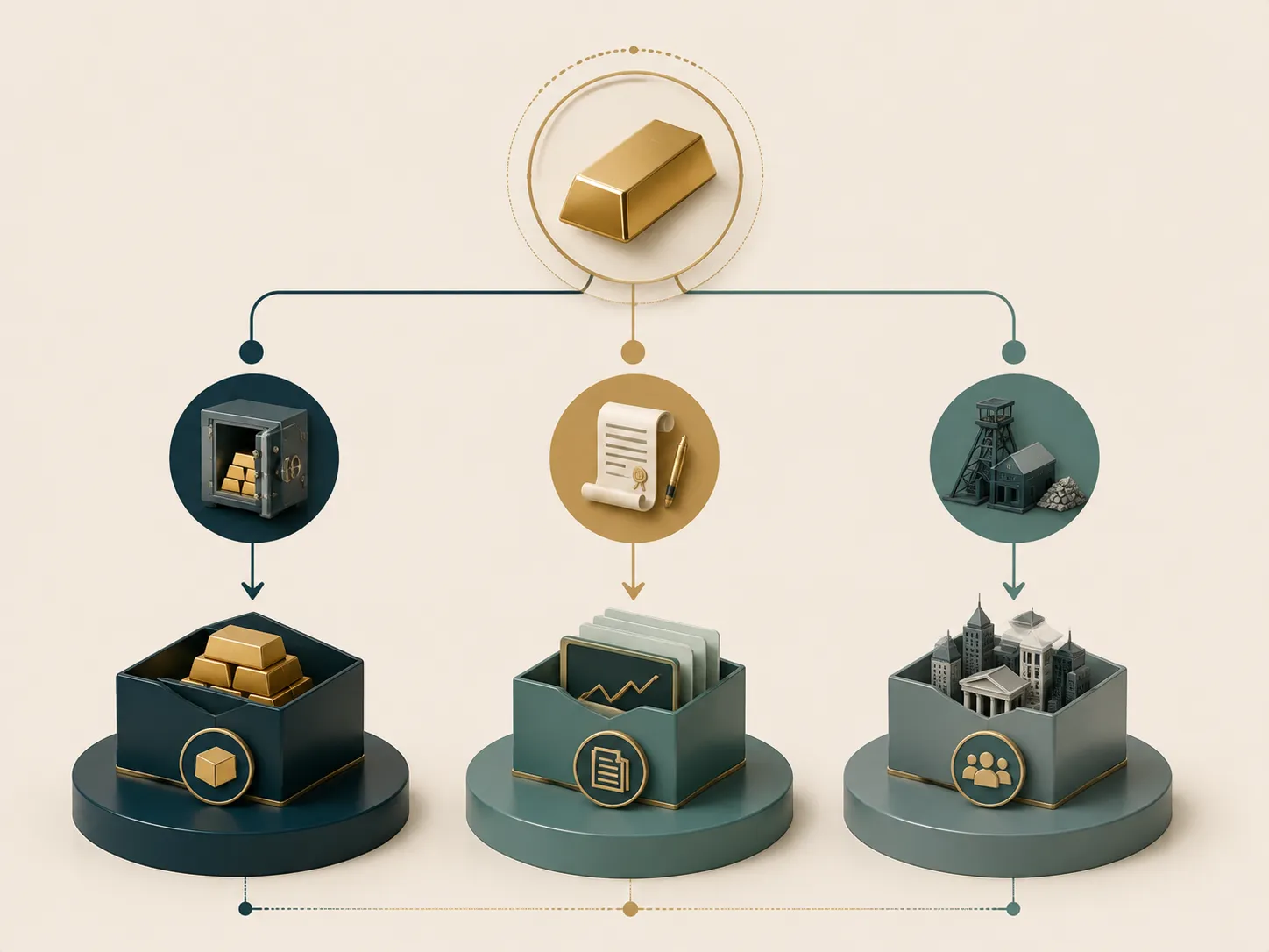 Tre diverse strutture di esposizione all'oro: fisico, futures e società.