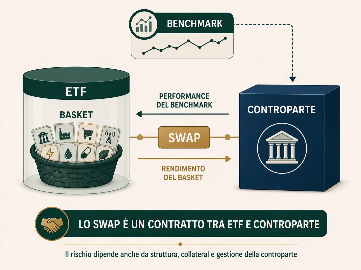 Schema semplificato di un ETF sintetico: basket, swap e controparte concorrono a trasferire la performance del benchmark
