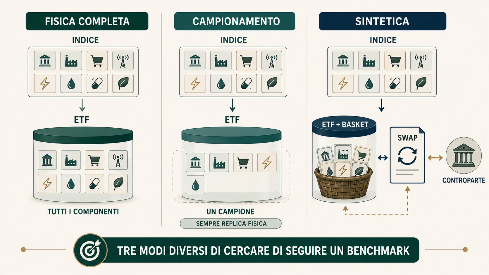 Replica fisica completa, campionamento e replica sintetica: tre modi diversi con cui un ETF può cercare di seguire un benchmark