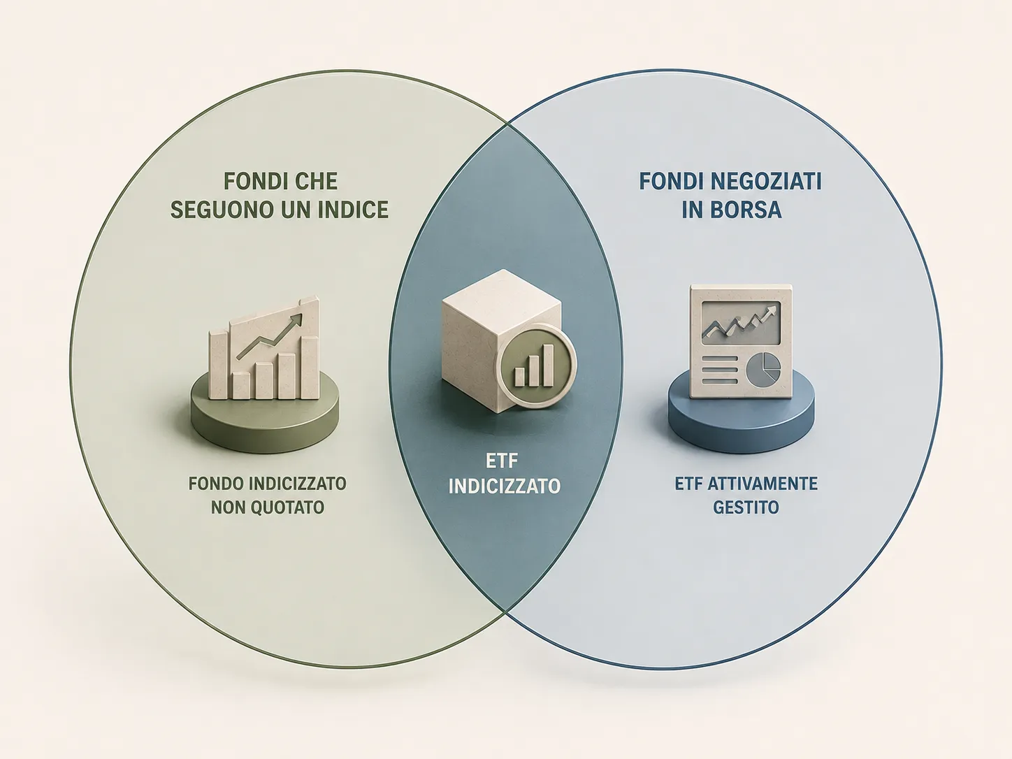 ETF e fondo indicizzato si sovrappongono, ma non sono sinonimi: un ETF può essere attivo e un fondo indicizzato può non essere quotato