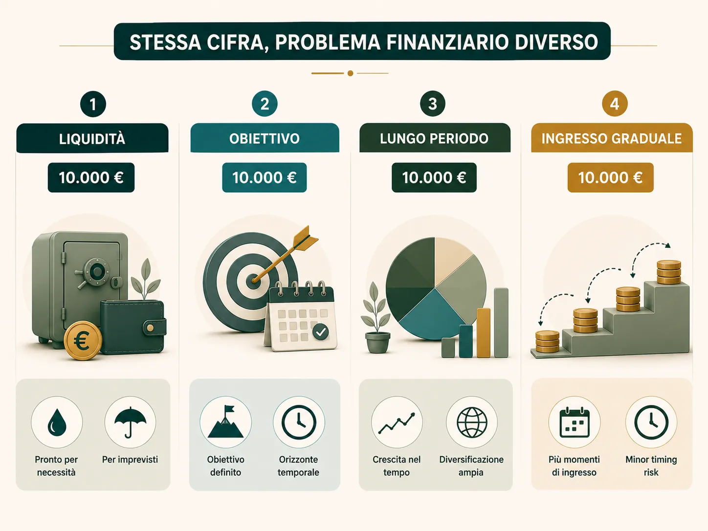 Quattro scenari per valutare 10.000 euro: liquidità, obiettivo, lungo periodo e ingresso graduale