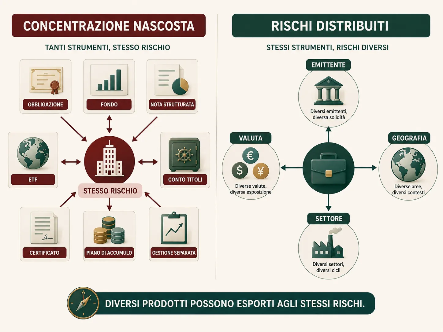 Confronto tra concentrazione nascosta e rischi distribuiti per emittente, geografia, settore e valuta