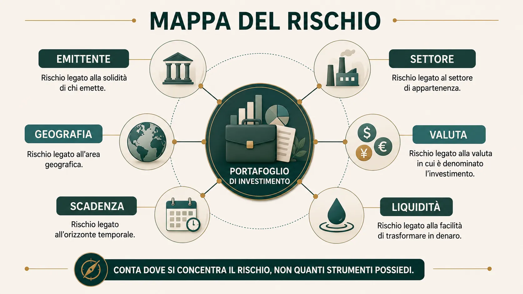 Mappa delle principali dimensioni di concentrazione: emittente, settore, geografia, valuta, scadenza e liquidità
