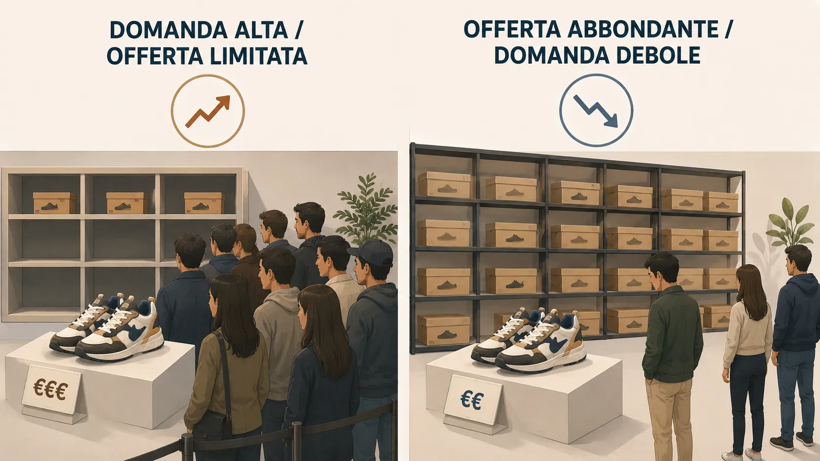 Confronto tra domanda alta con offerta limitata e offerta abbondante con domanda debole