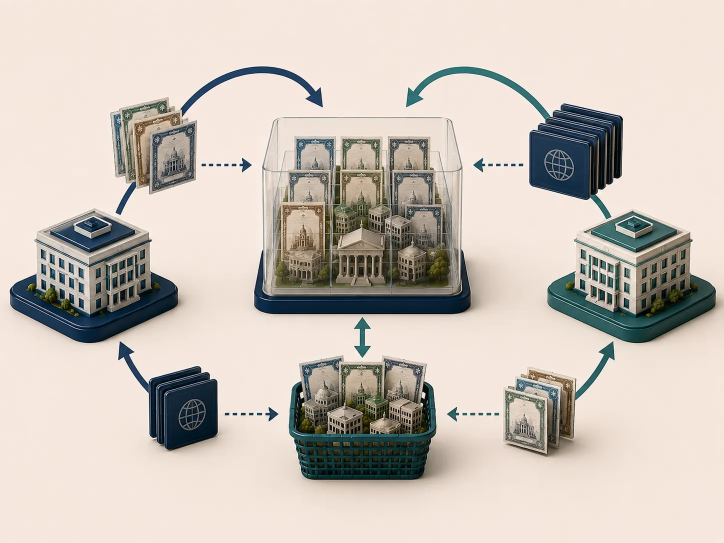 Meccanismo semplificato di creation e redemption che collega quote ETF e basket sottostante