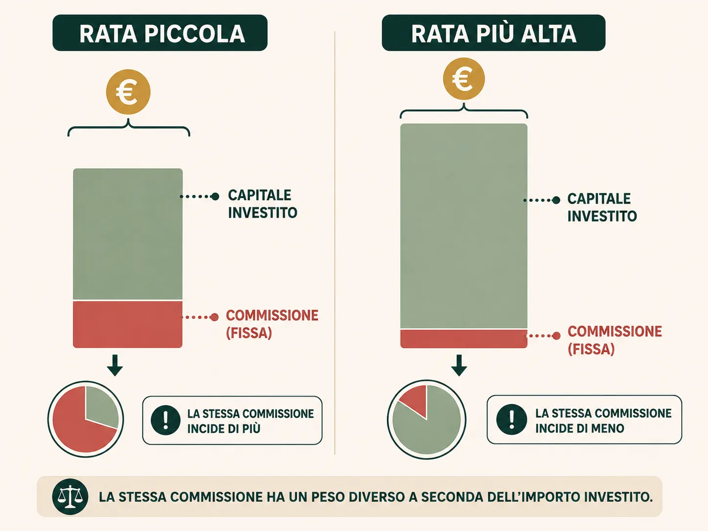 Confronto visivo dell'impatto della stessa commissione fissa su una rata PAC ETF piccola e una più alta