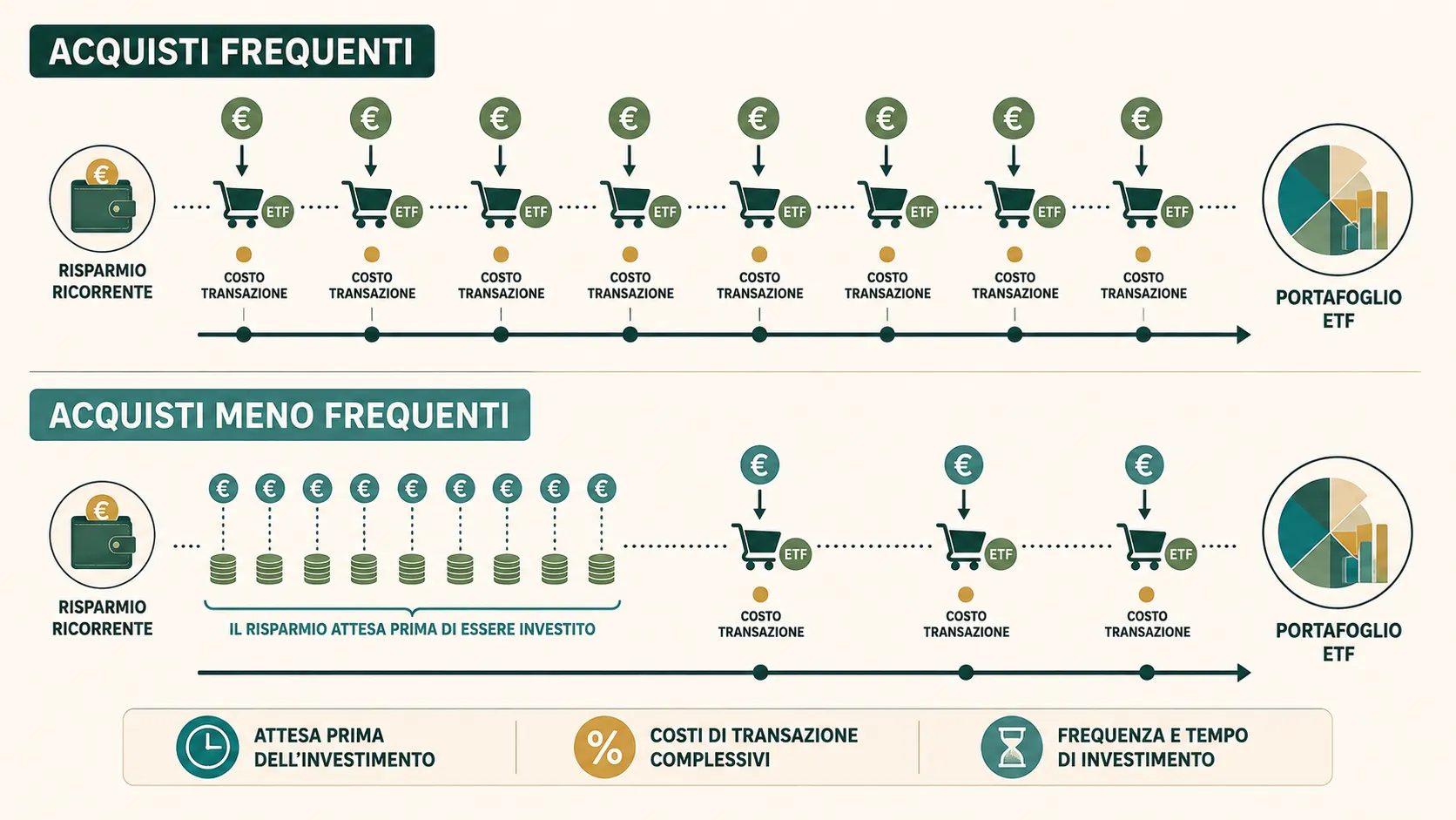 Confronto tra acquisti PAC ETF più frequenti e acquisti meno frequenti con accumulo temporaneo della liquidità