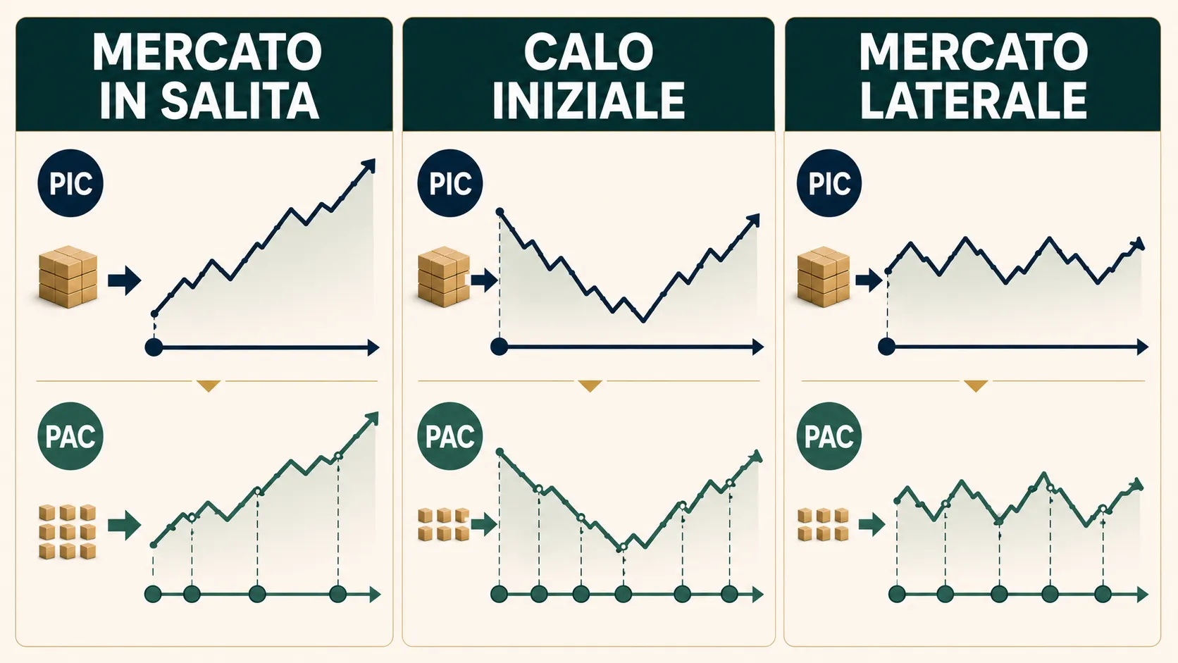 Tre scenari concettuali di mercato in salita, calo iniziale e andamento laterale per confrontare PAC e PIC