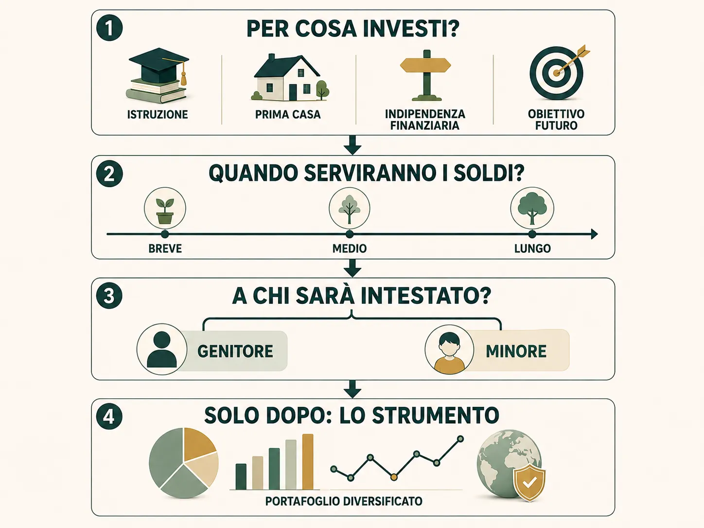 Schema che parte dall'obiettivo per un figlio, passa per orizzonte e intestazione e arriva solo dopo allo strumento finanziario