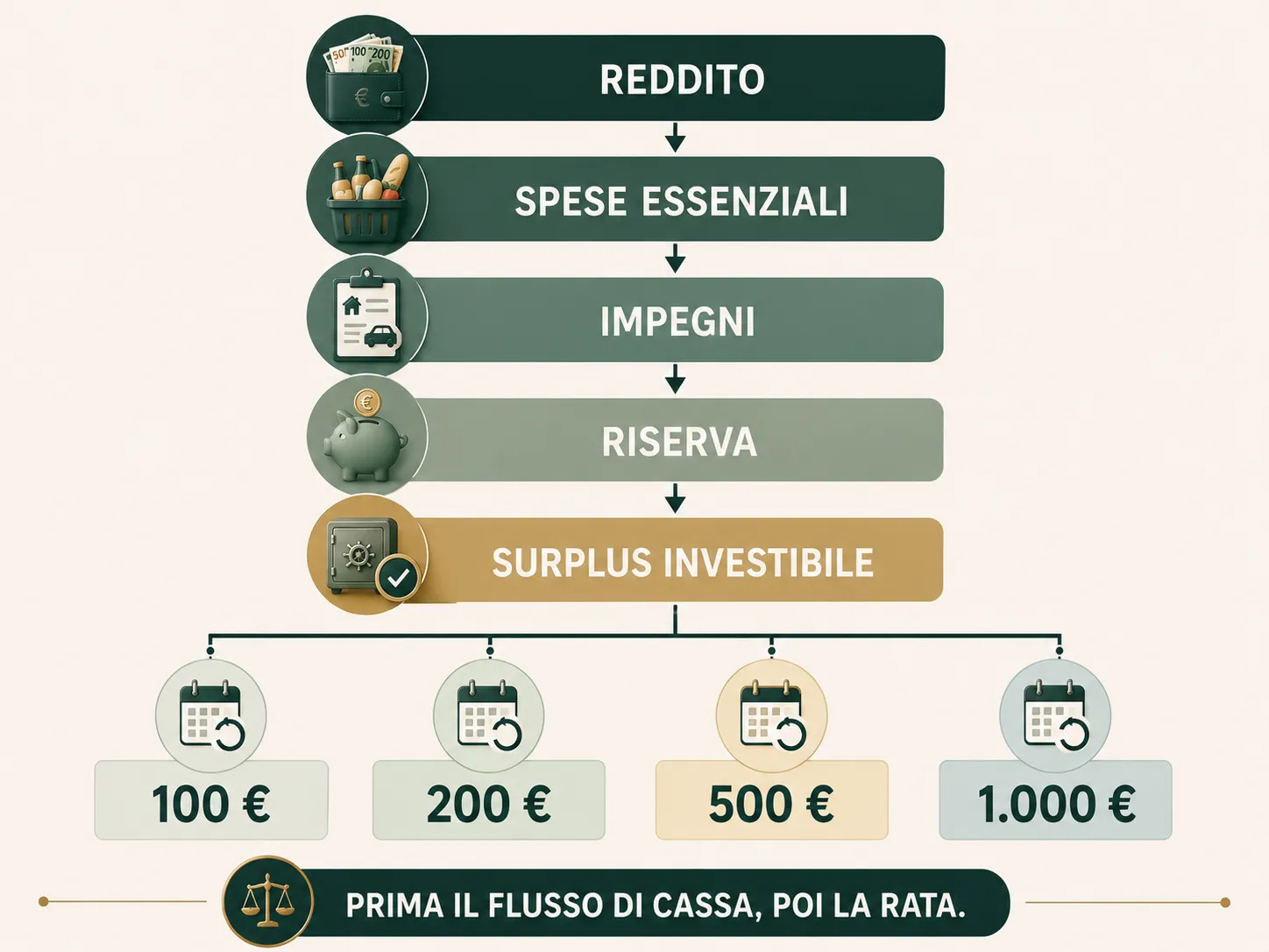 Sequenza reddito, spese, impegni, riserva e surplus investibile