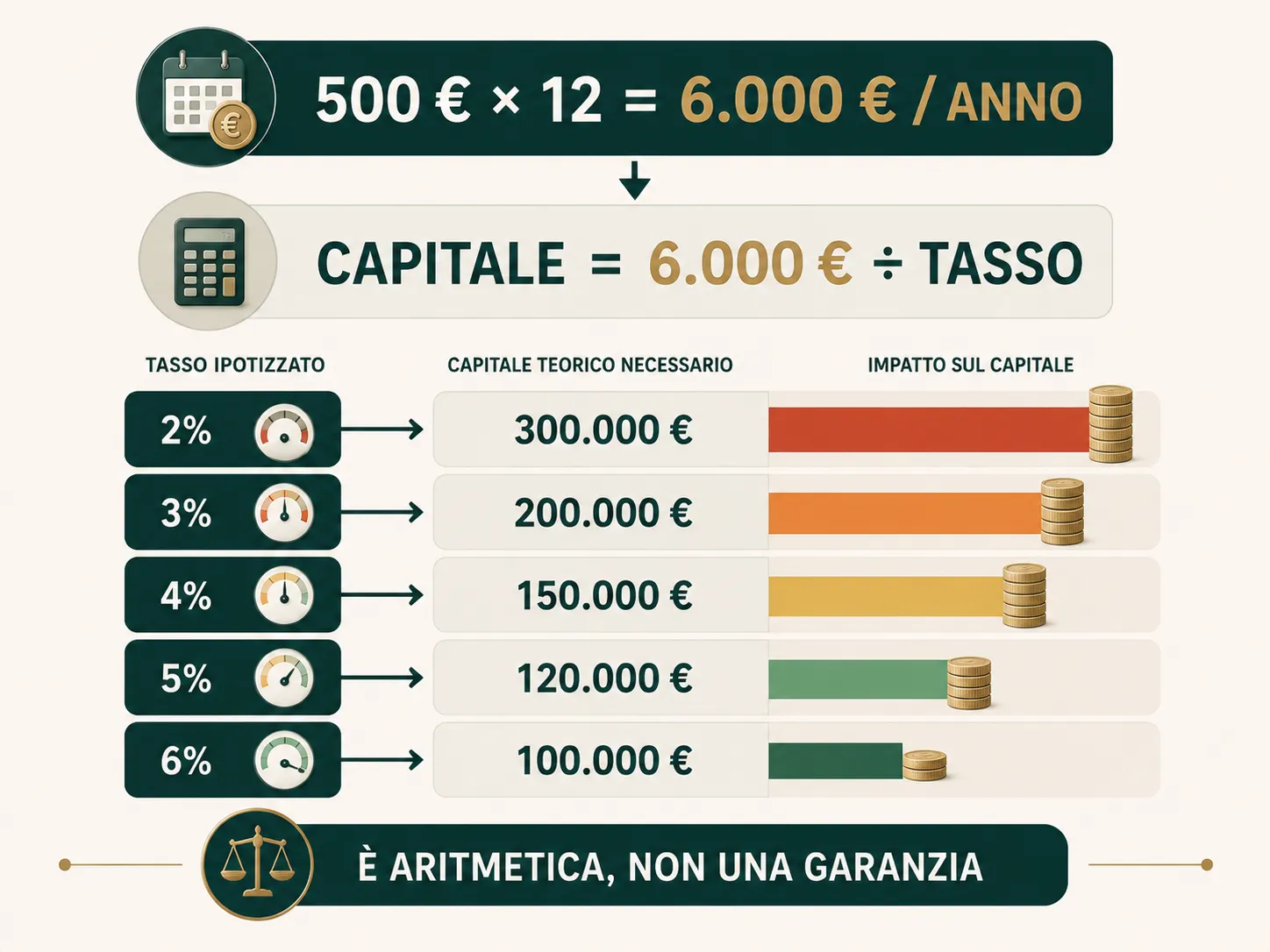 Relazione matematica tra 6.000 euro annui, tasso ipotizzato e capitale teorico
