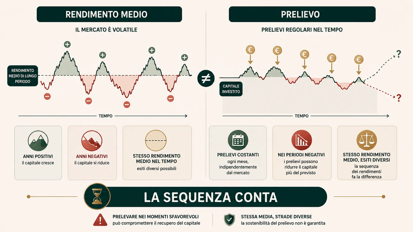 Confronto tra rendimento medio e prelievi regolari durante mercati positivi e negativi
