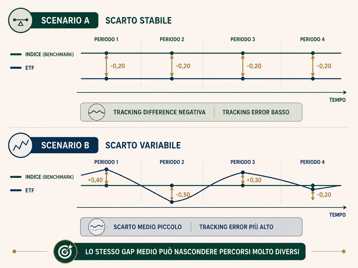 Due esempi semplificati: scarto stabile e scarto variabile tra ETF e benchmark