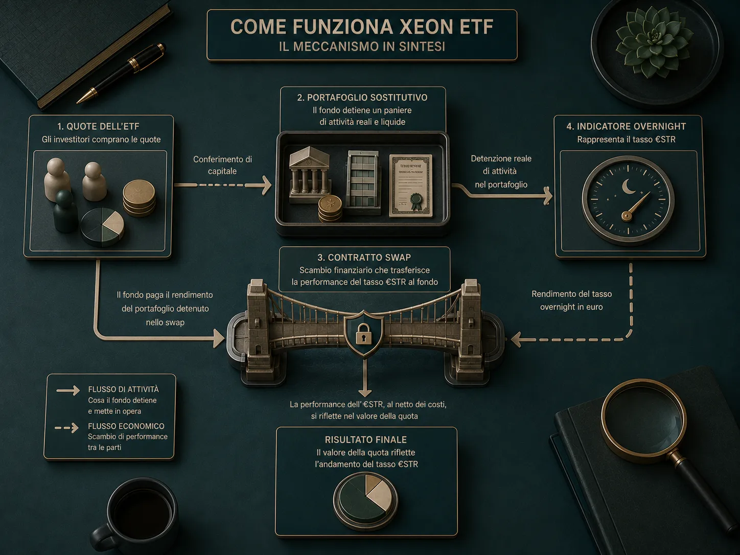 Schema del funzionamento di XEON tra portafoglio sostitutivo, swap e indice monetario