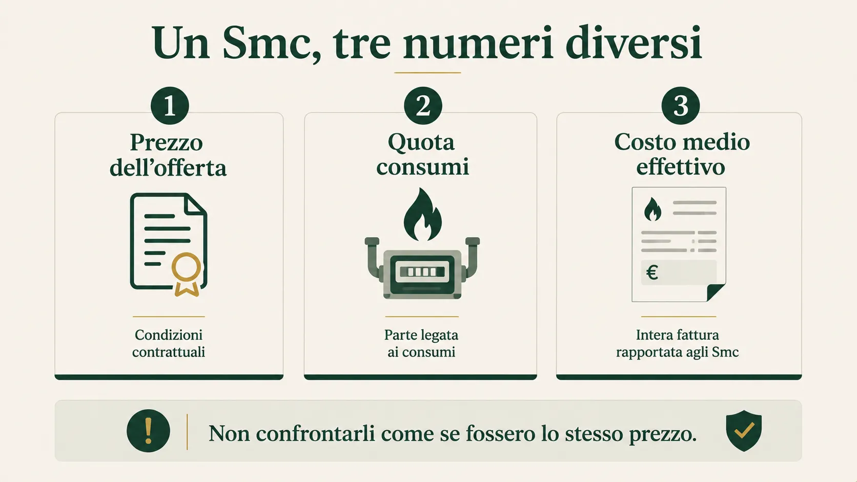 Differenza tra prezzo dell'offerta, quota consumi e costo medio effettivo per Smc di gas