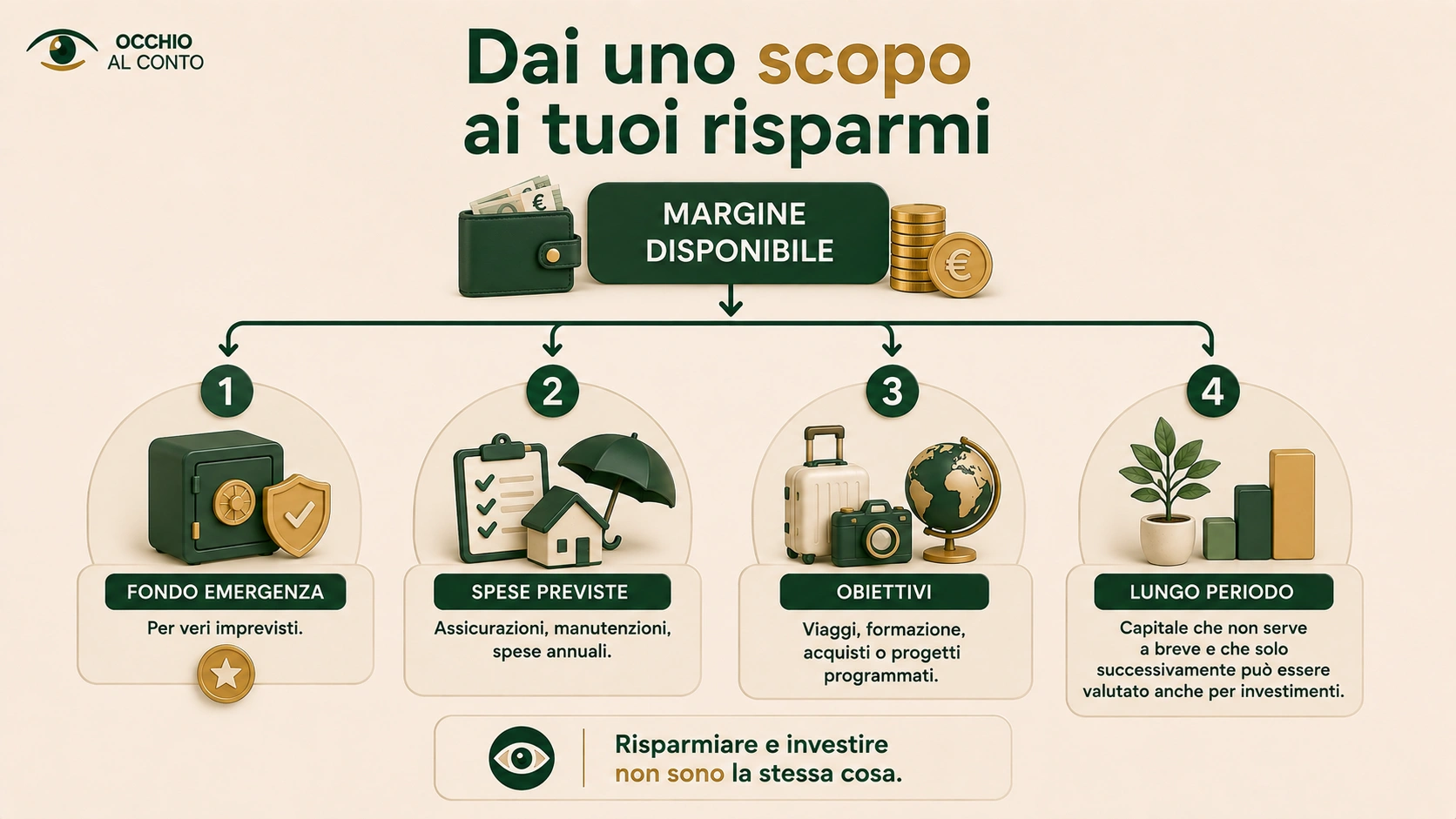 Come organizzare il risparmio assegnando il margine a fondo emergenza, spese previste, obiettivi e lungo periodo