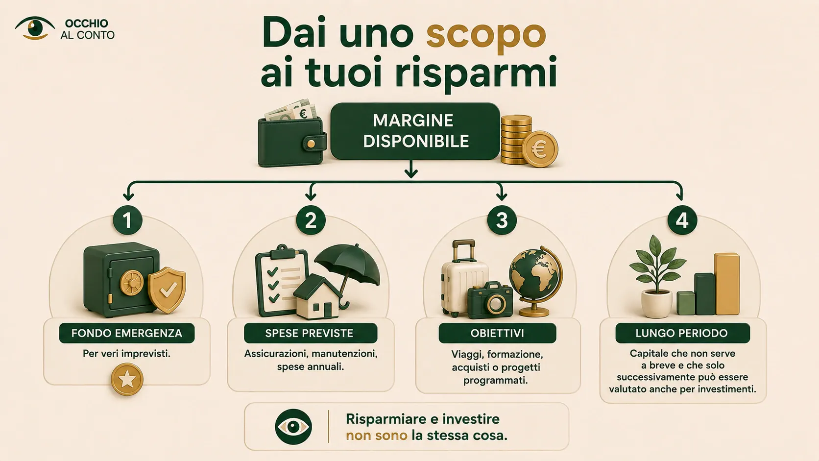 Come organizzare il risparmio assegnando il margine a fondo emergenza, spese previste, obiettivi e lungo periodo