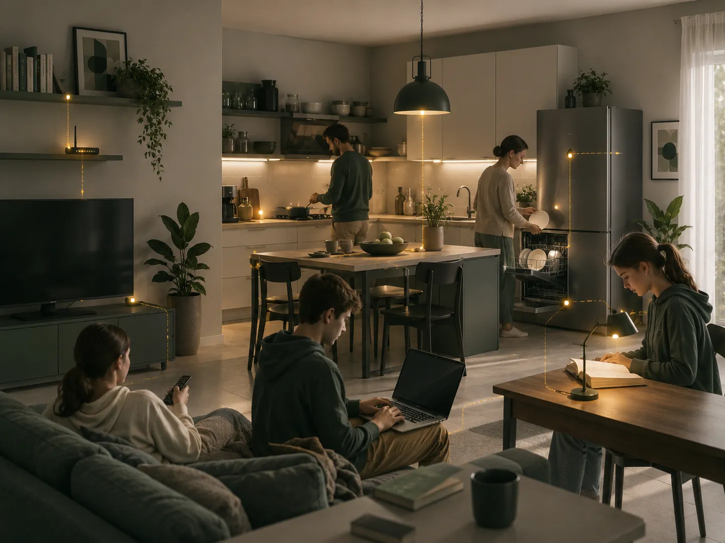 Una famiglia con più persone condivide molti carichi elettrici domestici, come frigorifero, router e illuminazione