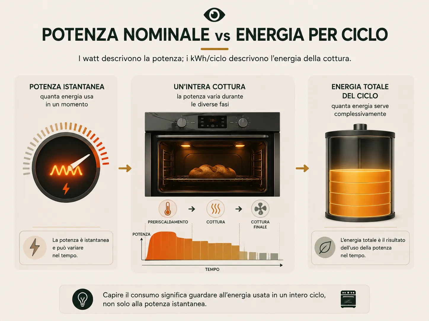 La potenza massima del forno non coincide con l'energia realmente usata durante l'intero ciclo di cottura
