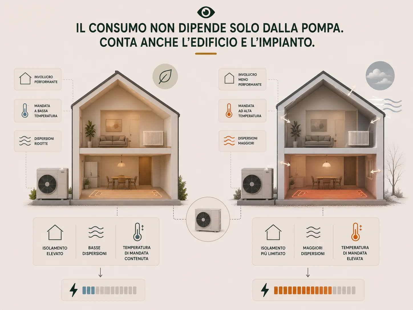 Clima, isolamento dell'edificio e temperatura di mandata influenzano il lavoro richiesto alla pompa di calore
