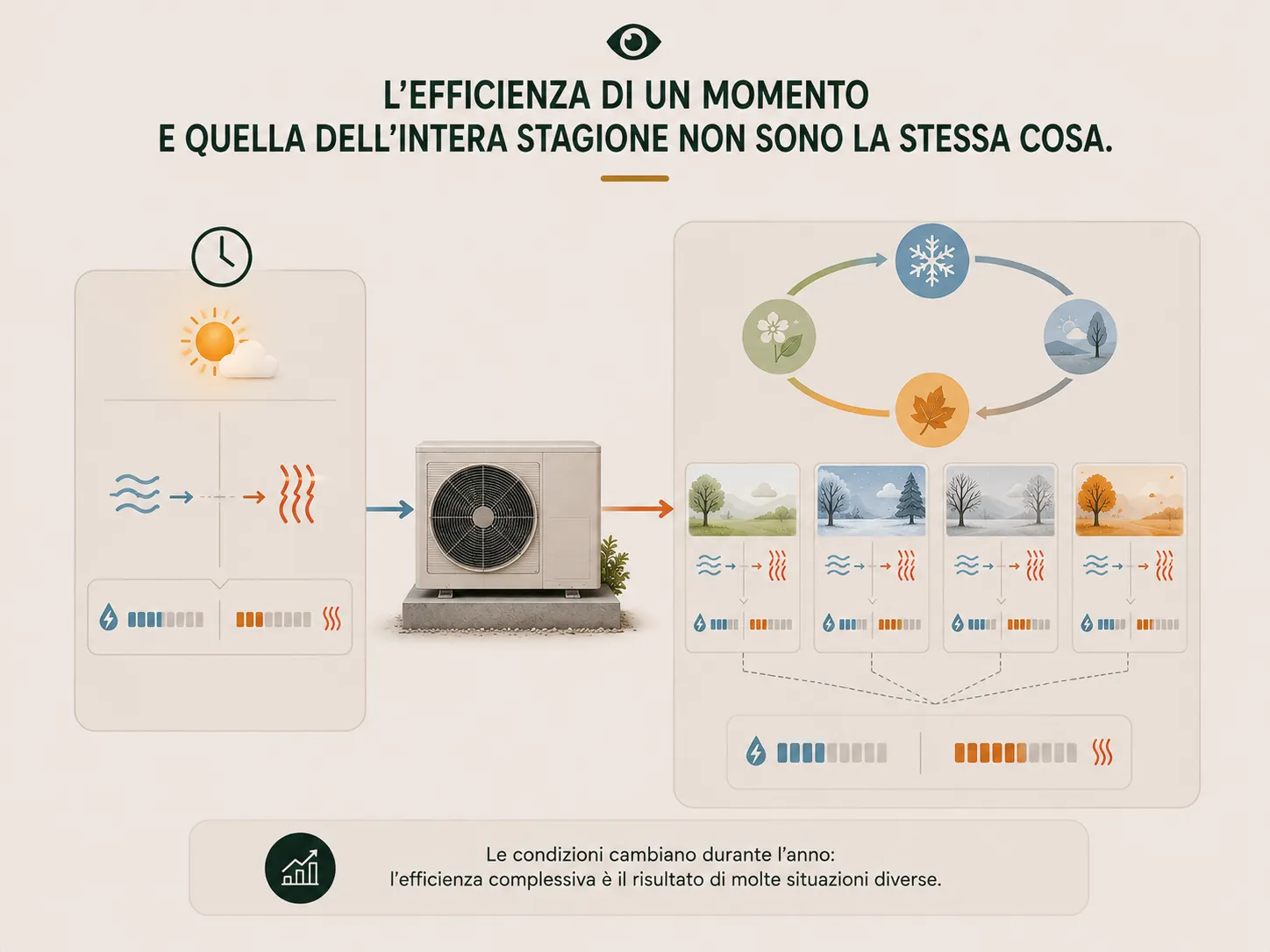 COP e SCOP rappresentano rispettivamente il rendimento in una condizione specifica e quello medio stagionale della pompa di calore