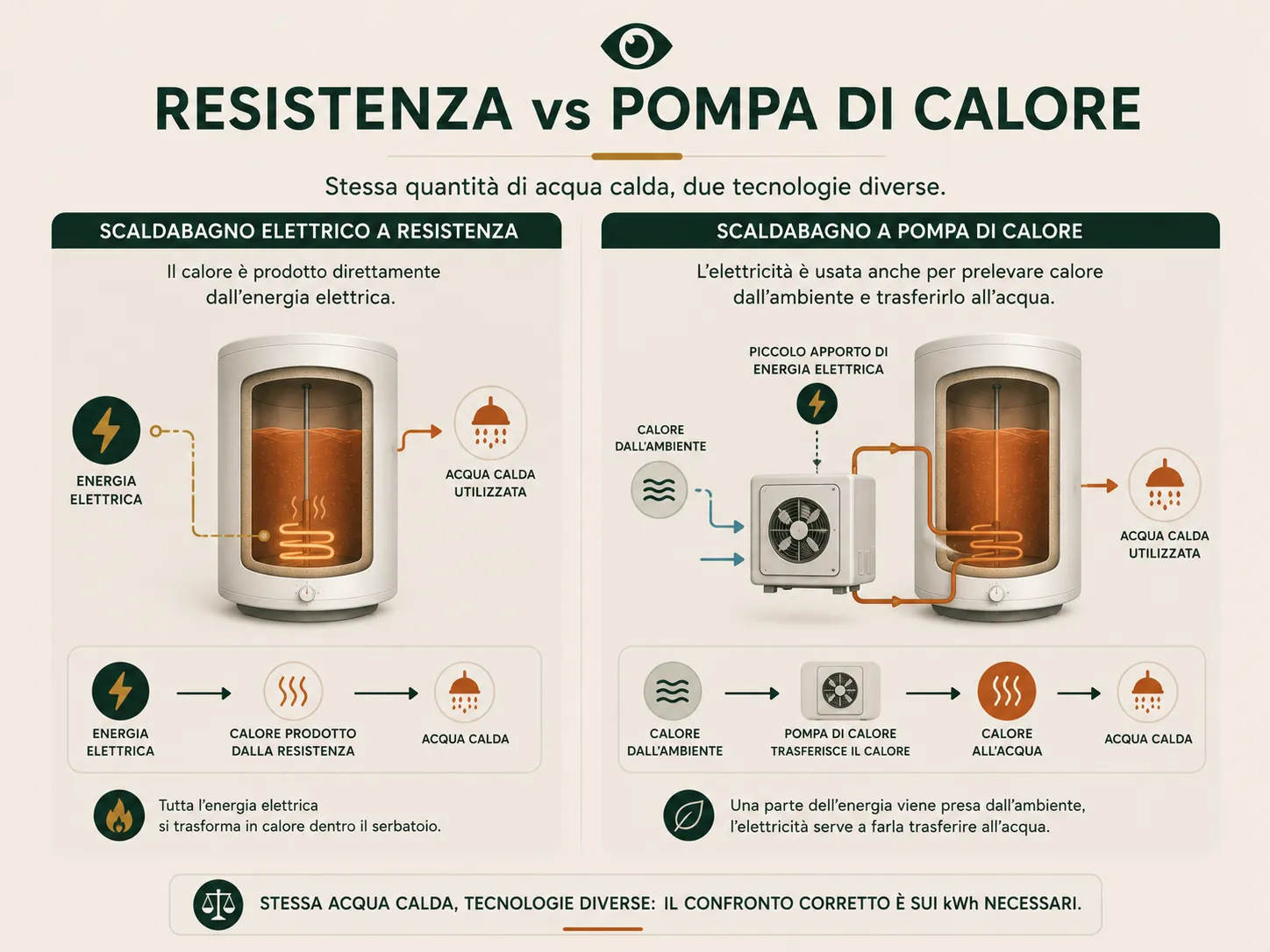 Scaldabagno elettrico a resistenza e sistema a pompa di calore a confronto