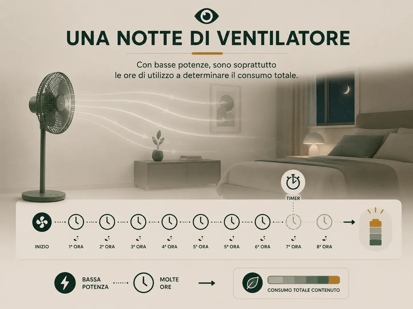 Consumo del ventilatore durante una notte e effetto del timer