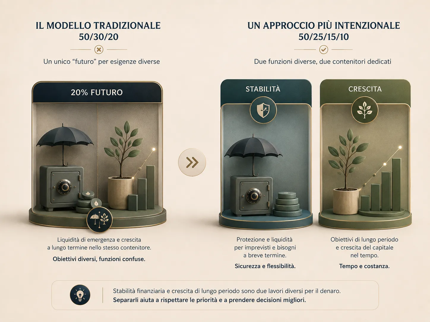 Confronto concettuale tra un unico contenitore per il futuro e due funzioni separate: stabilità e crescita