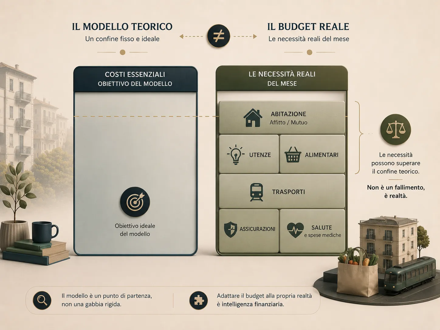 Confronto concettuale tra il limite teorico di un budget e le necessità reali di una famiglia